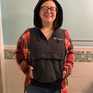 Champion Front/Side Pocket Red & Black Plaid Rework Hoodie